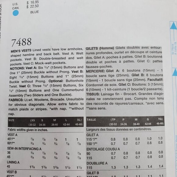 Vogue Accessories 7488 Mens Vest Sewing Pattern  XS-XL multi styles UNCUT - Picture 4 of 11